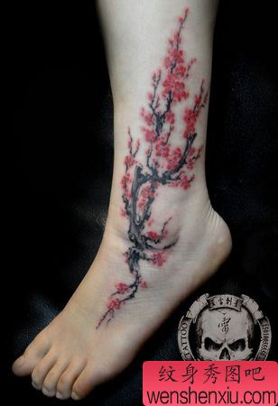 美女脚部彩色梅花纹身