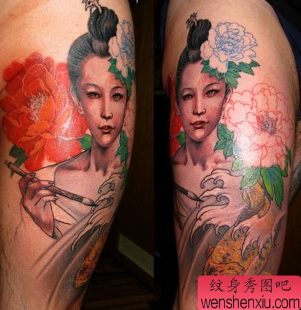 腿部美女鲤鱼牡丹花纹身