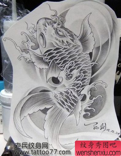 帅气的满背鲤鱼纹身手稿