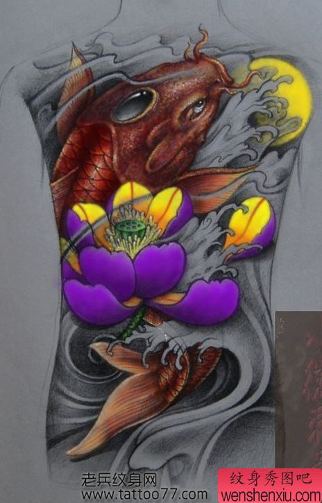 华丽的满背彩色鲤鱼莲花纹身手稿