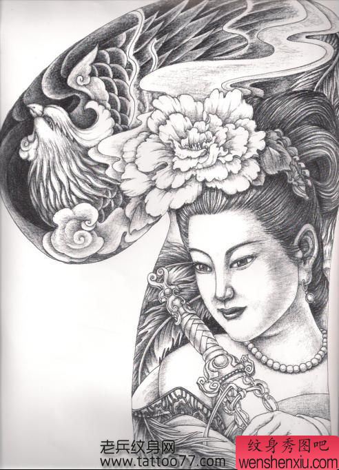 半胛纹身手稿:半胛美女凤凰纹身手稿