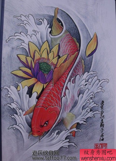 彩色莲花鲤鱼纹身手稿