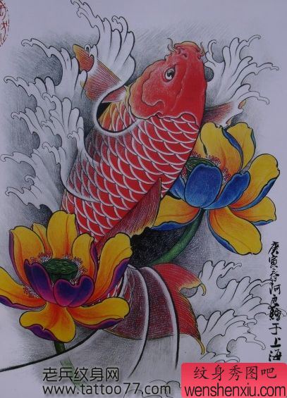 纹身手稿：莲花鲤鱼纹身手稿