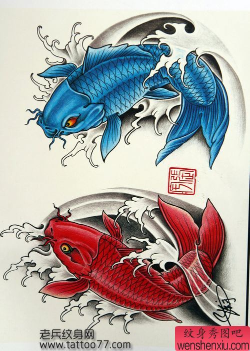 好看的鲤鱼纹身手稿