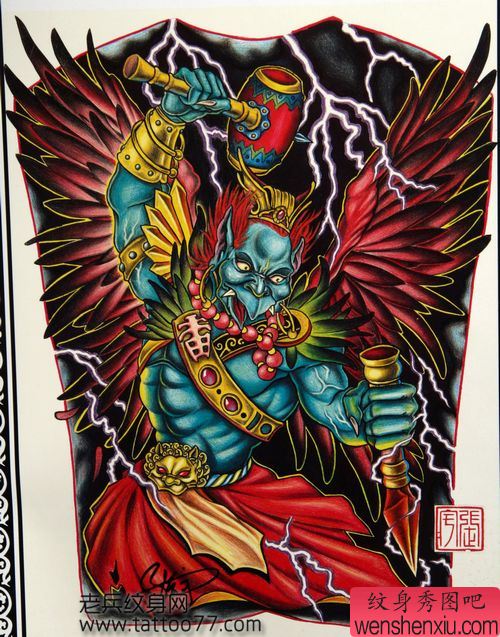 一幅满背雷神雷震子纹身手稿