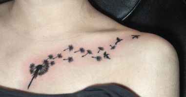 美女胸部蒲公英小鸟纹身图案