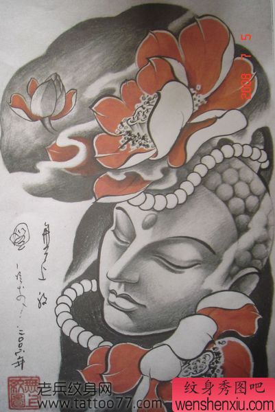 黑灰半胛观音莲花纹身手稿