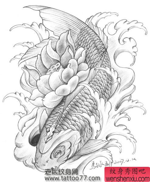 一幅简单的鲤鱼莲花纹身手稿