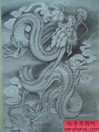 经典的满背龙纹身纹身手稿