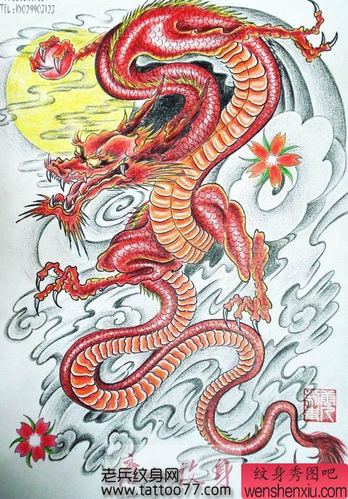 彩色的满背龙纹身手稿