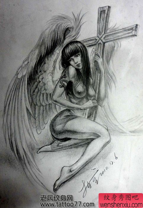 一幅另类美女天使翅膀纹身手稿
