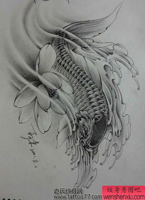 鲤鱼莲花纹身手稿