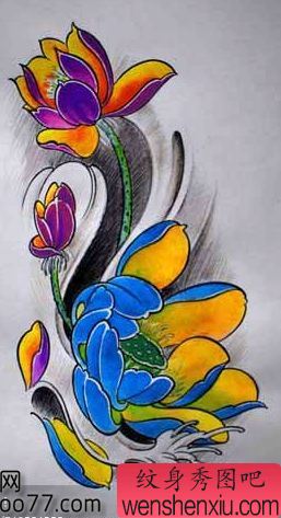 艳丽的彩色莲花纹身图案