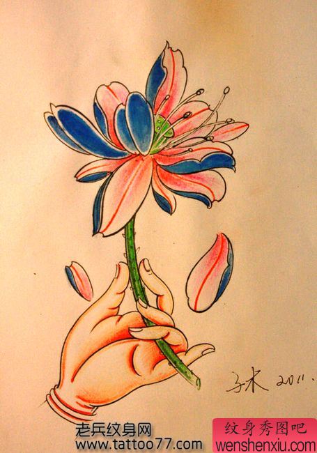 流行经典的佛手莲花纹身图案