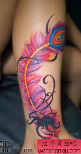 美女腿部彩色羽毛纹身图案
