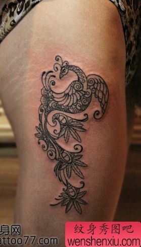 性感的腿部图腾凤凰纹身图案