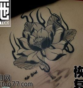 美女背部黑灰莲花纹身图案