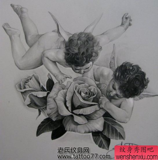 小天使丘比特玫瑰花纹身图案
