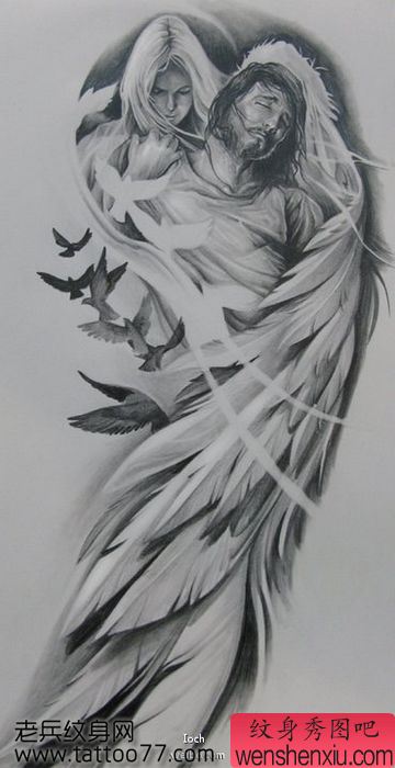 经典的天使翅膀耶稣纹身图案