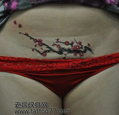 美女腹部彩色梅花纹身图案