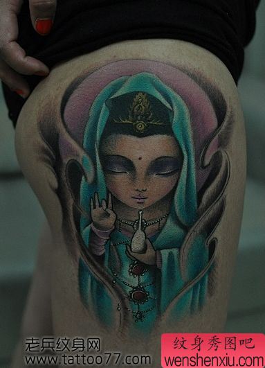 美女腿部可爱的观音纹身图案