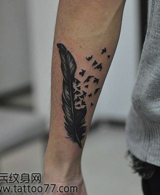 手臂流行精美的羽毛小鸟纹身图案