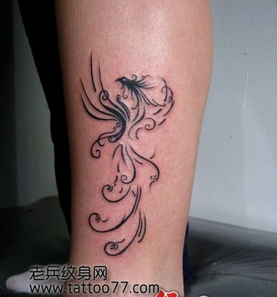 腿部经典唯美的图腾凤凰纹身图案