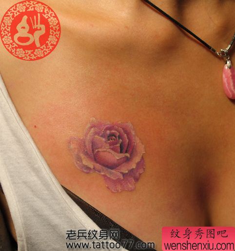 美女胸部紫玫瑰纹身图案