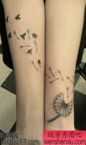 手臂时尚流行的蒲公英鸽子纹身图案