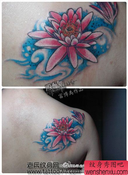 美女肩部流行唯美的莲花纹身图案