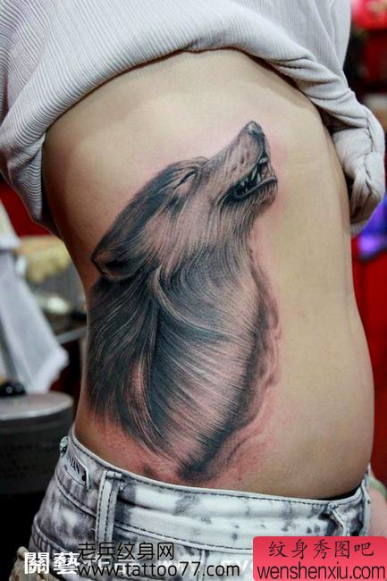 超帅气的美女腰部狼头纹身图案