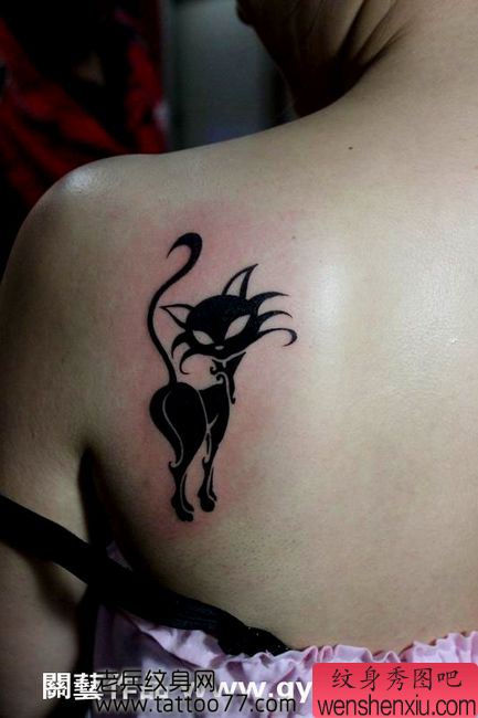 美女肩部流行可爱的图腾猫咪纹身图案