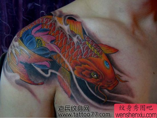 一幅彩色过肩鲤鱼纹身图案