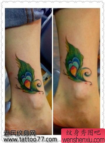 女生喜欢的彩色孔雀羽毛纹身图案