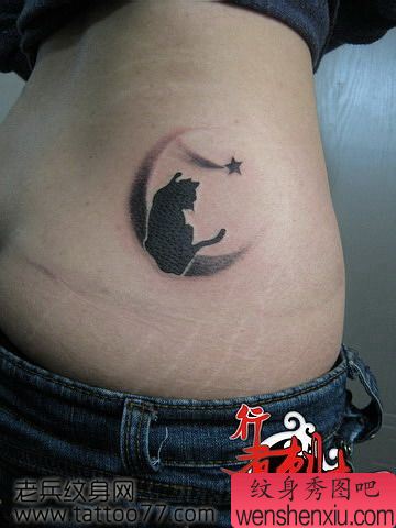 一幅图腾猫咪月亮五角星纹身图案
