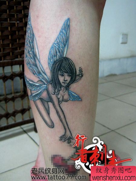 腿部好看漂亮的精灵翅膀纹身图案
