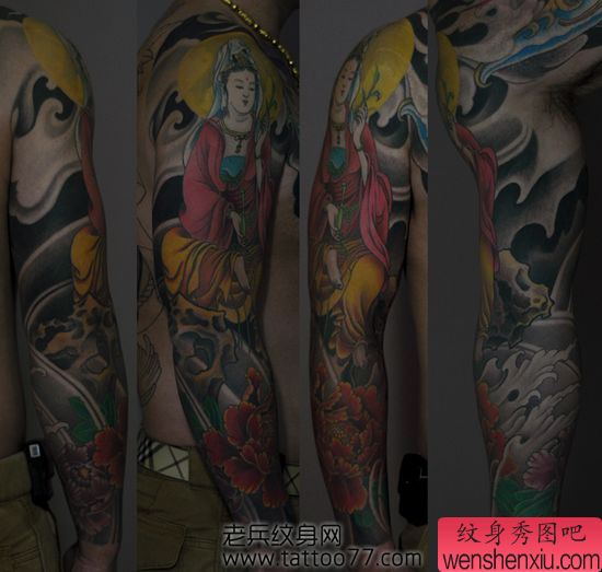 一幅观音牡丹花臂纹身图案