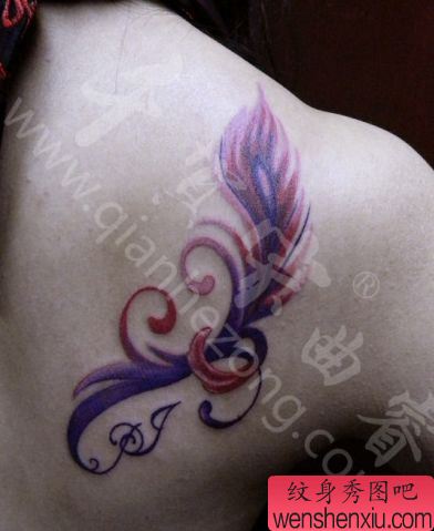 女孩子喜欢的肩部彩色羽毛纹身图案