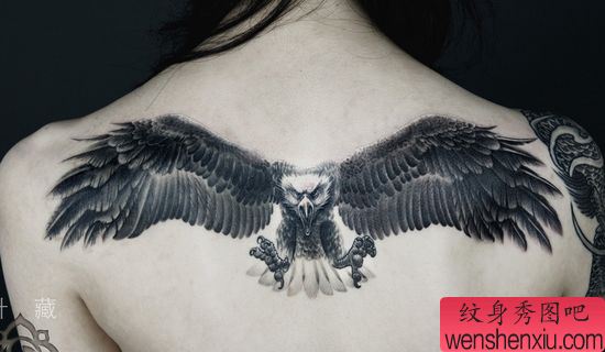 背部霸气的老鹰纹身图案