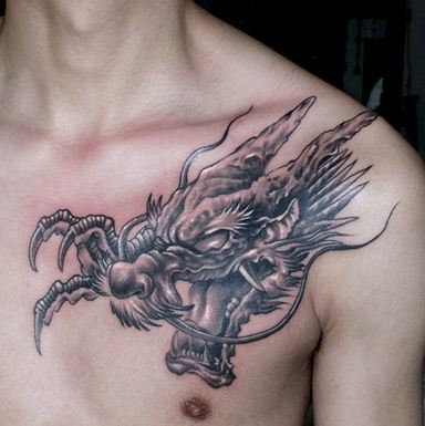 胸部霸气的龙头纹身图案