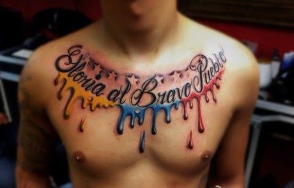 胸部精美流行的水滴五角星文字纹身图案