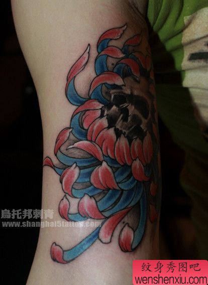 手臂好看经典的骷髅菊花纹身图案