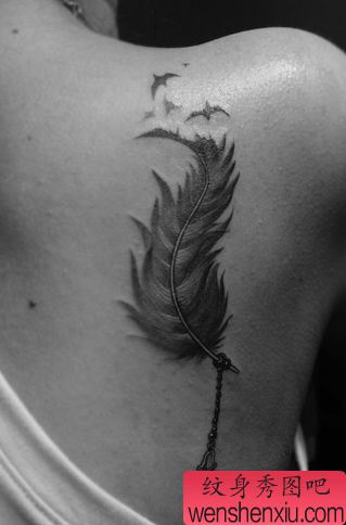 女孩子肩部黑灰羽毛纹身图案