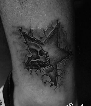 腿部一幅烙印五角星骷髅纹身图案