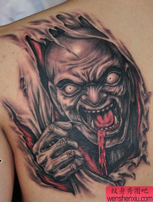 肩背欧美撕皮恶魔纹身图案