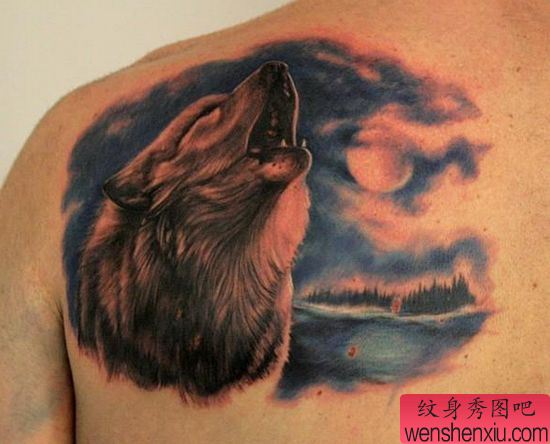 肩背一幅好看经典的狼头纹身图案