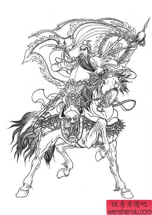 最经典的战马关公纹身图案线稿