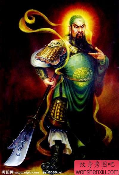 彩色版的大幅清晰的立刀关公纹身图案