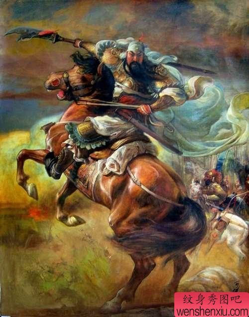 气势磅礴的战马关公纹身图案