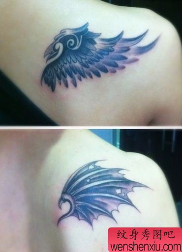 肩背一幅情侣天使恶魔翅膀纹身图案